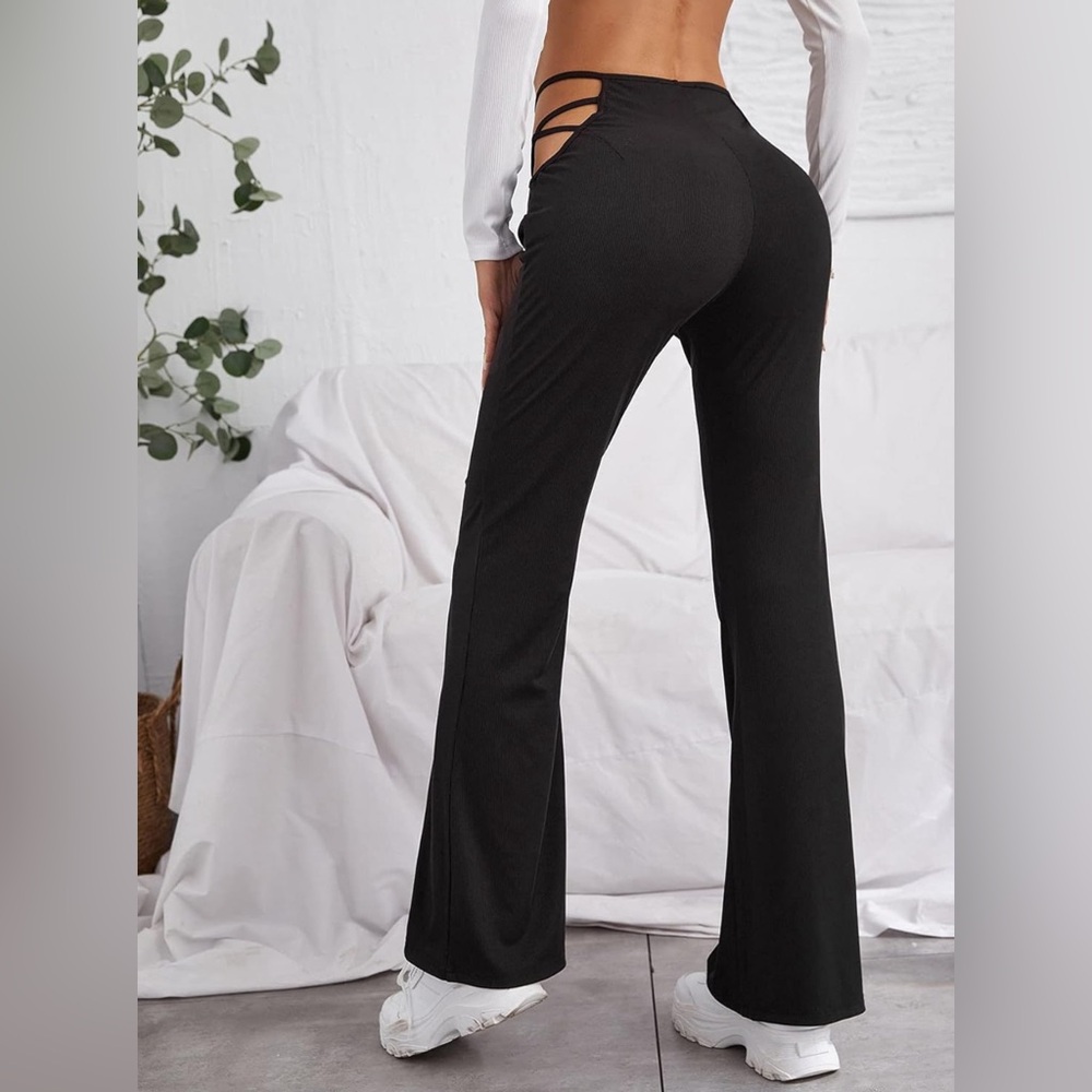 Women's Cut Out Elastic Waist Flare Leg Long Pants Black Criss Cross M like new